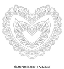 Beautiful openwork heart with leaves. Beautiful background for greeting cards, wedding and invitation. Decorating  for the holiday Valentine's Day. Zen tangle coloring book page