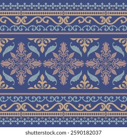 Beautiful Opulence Motif Damask Pattern with Old Rose Gold Scroll Ornament on Royal Deep Blue Background. The Fairy Ocean Luxury and Elegance Haute Couture Design Silk Fabrics Embroidery Traditional