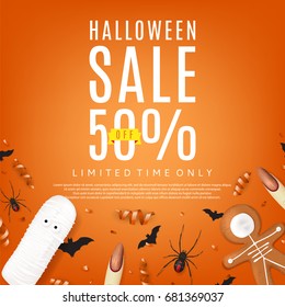 Beautiful orange background for halloween sale. Top view on paper bats, confetti and spiders. Vector illustration with cookies in form of skeleton gingerbread man. Special seasonal offer.
