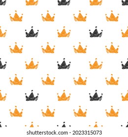 Beautiful orange and black ink crowns isolated on white background. Cute seamless pattern. Vector simple flat graphic hand drawn illustration. Texture.