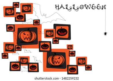 Beautiful orange and black jack o lantern icon on white background with outline bats. Halloween vector illustration.