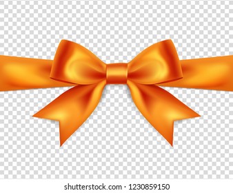 Beautiful orange bow isolated on transparent background, satin bow for gift, surprise, christmas present, birthday. 3D. Vector EPS10