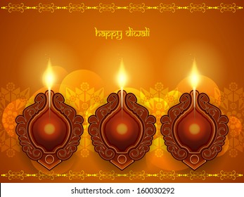 Beautiful orange color religious background design for Diwali with lamps. vector illustration