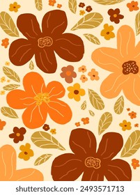 Beautiful orange colorful flowers and leaves patterns on white background for web banner, branding package, fabric print, wallpaper, social media post, doodle, notes, book covers, wall decor.