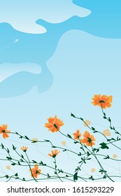 beautiful orange flowers with green stem, blue sky with white clouds and plane on a background, vector illustration