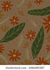 Hermosos patrones de hojas y flores de color naranja sobre fondo marrón para Anuncio de Web, paquete de marca, impresión de tela, Fondo de pantalla, publicación en redes sociales, garabato, notas, cubiertas de libros, decoración de pared.