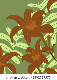 Hermosos patrones de hojas y flores de naranja sobre fondo verde para Anuncio de Web, paquete de marca, impresión de tela, Fondo de pantalla, publicación en redes sociales, garabato, notas, cubiertas de libros, decoración de pared.
