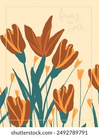 Wunderschöne orangefarbene Blüten und Laubmuster auf beigem Hintergrund mit Schriftzug "Beauty on Earth" für Stoffdruck, Bildschirmhintergrund, Social Media Post, Doodle, Notizen, Buchumschläge, Wanddekor.