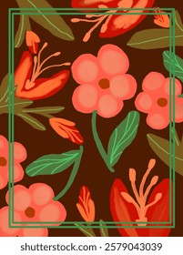 Beautiful orange flowers and leaves patterns on maroon background for web banner, branding package, fabric print, wallpaper, social media post, doodle, notes, book covers, wall decor.