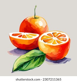 Beautiful orange fruit, watercolor dye painting, vector EPS 10 illustration