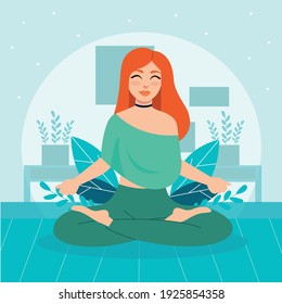 Beautiful orange hair girl doing yoga. Vector in EPS format.