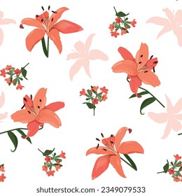 Beautiful orange lilies on a white background. Seamless vector illustration. For decorating textiles, packaging, wallpaper.