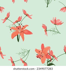 Beautiful orange lilies. Seamless vector illustration. For decorating textiles, packaging, wallpaper.