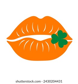 Beautiful orange lips with clover leaves isolated on white background. Flat clipart image. Happy St. Patrick's Day. Vector illustration.