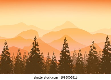 Beautiful orange mountain landscape with misty fog on mountain slopes forest vector illustration. sunrise and sunset in mountains.