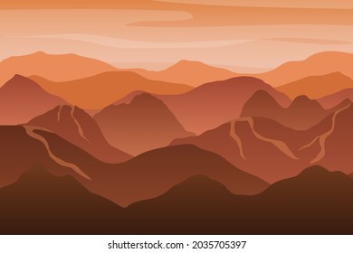 Beautiful orange mountain silhouette landscape at sunset. vector illustration