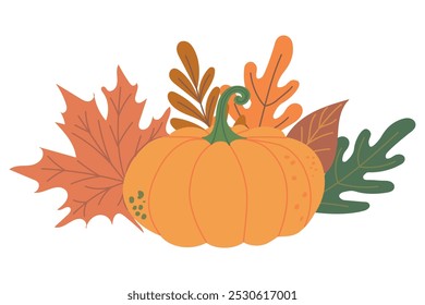 Beautiful orange pumpkin and collection of autumn falling leaves oak, maple isolated on white background. Hand drawn vector flat doodle colored illustration. Autumn vibes, thanksgiving day