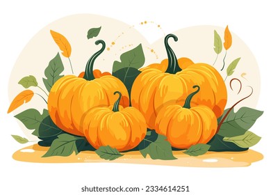 Beautiful orange pumpkins. Ripe pumpkins in foliage. Autumn design. Vector illustration.