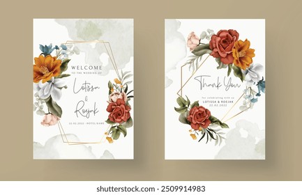 beautiful orange and red flower watercolor invitation card