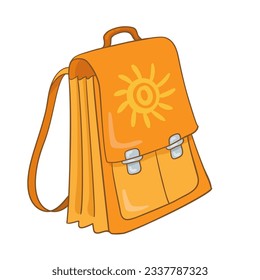 Hermosa mochila de escuela naranja. Aislado sobre fondo blanco. Al estilo de las caricaturas. Ilustración vectorial.