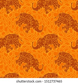 Beautiful orange seamless pattern with stylized brown elephant silhouettes