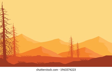 Beautiful orange sky with Fantastic Mountain views in the afternoon. Vector illustration of a city