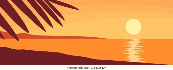 Beautiful orange sunset on the beach. Tropical palm. Sea and ocean. Paradise lagoon. Wild exotic landscape for background. Vacation and travel. Paradise lagoon. Vector illustration panorama