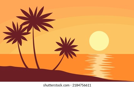 Schöner orangefarbener Sonnenuntergang am Strand. Tropische Palme. Meer und Ozean. Paradies Lagune. Wilde exotische Landschaft für Hintergrund. Urlaub und Reisen. Paradies Lagune. Vektorgrafik-Panorama