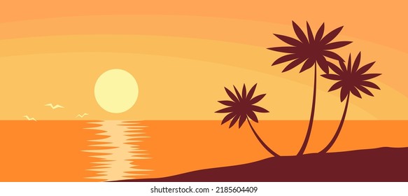 Bonita puesta de sol naranja en la playa. Palmera tropical. Mar y océano. Laguna de paraíso. Un paisaje salvaje y exótico como fondo. Vacaciones y viajes. Laguna de paraíso. Vista panorámica de la ilustración del vector