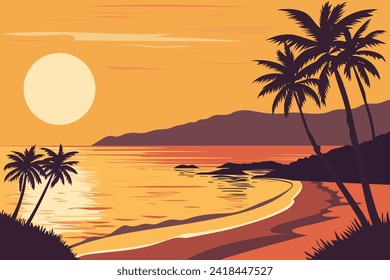 Beautiful orange sunset on a paradise tropical beach. Amazing beach landscape in warm summer colors with mountains, sea waves, tropical plants and silhouettes of palm trees. Summer rest.