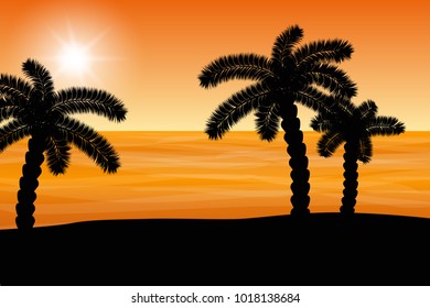 Beautiful orange sunset with palm trees and water with waves.    