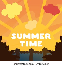 Beautiful orange sunset. Summer time illustration. Cartoon illustration