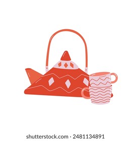 Beautiful orange teapot with mugs on white background.