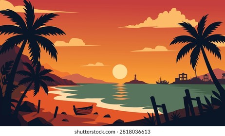 Beautiful Orange Tropical Beach Sunset Flat Vector Landscape Background With Palm Trees And Boat