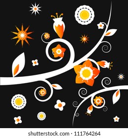 Beautiful orange vector flowers on white branches on a black background