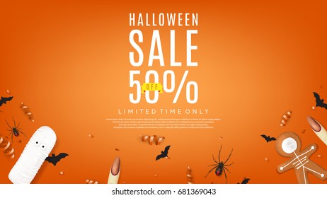 Beautiful orange web banner for halloween sale. Top view on paper bats, confetti and spiders. Vector illustration with cookies in form of skeleton gingerbread man. Special seasonal offer. 