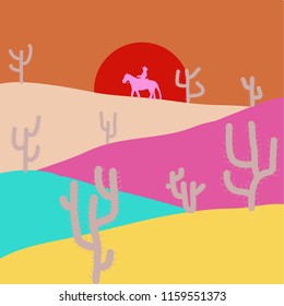 Beautiful orange, yellow and pink vintage cactuses, succulents. Vector illustration. Flowers. Sand. Composition. Landscape with orange, yellow and pink colors.