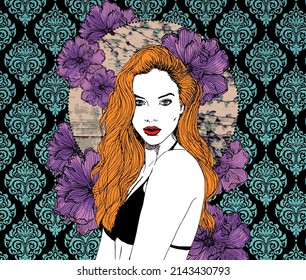 beau portrait de femme aux cheveux orange avec fleurs violettes et arrière-plan vintage damassé
