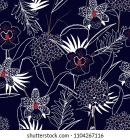 Beautiful orchid and graden flower mix with dash line leaves seamless pattern vector for fashion fabric and all prints on navy blue background