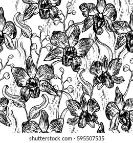 Beautiful Orchid. Hand drawn set isolated on white background black contour sketch seamless pattern, card banner design. Vector