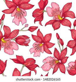 Beautiful orchid seamless pattern on white background. Vector illustration, endless wallpaper