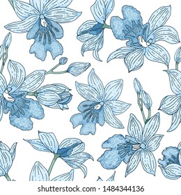 Beautiful orchid seamless pattern on white background. Vector illustration, endless wallpaper