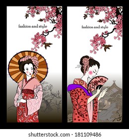 Beautiful Oriental banners. China. Japan.geisha. Japanese Woman.abstract Chinese landscape