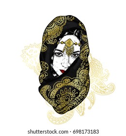 Beautiful oriental girl in a scarf with patterns. Vector illustration for a postcard or a poster.
