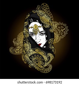 Beautiful oriental girl in a scarf with patterns. Vector illustration for a postcard or a poster.
