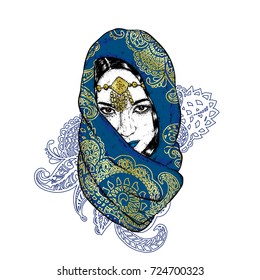 Beautiful oriental girl in a scarf with patterns. Vector illustration for a postcard or a poster.