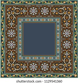 Beautiful Oriental ornament, with different colors and images of flowers, leaves and more. Drawn according to the geometrical laws.