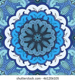 Beautiful oriental seamless pattern with mandala. Background in eastern style. Vector floral illustration in blue and white colors. Decor for napkin or print.