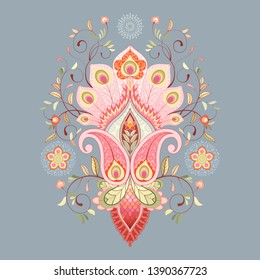 Beautiful oriental traditional paisley flower with peacock feathers