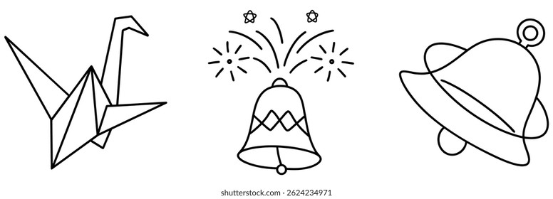 A beautiful origami crane symbolizes peace alongside festive bell and fireworks, creating joyful atmosphere
